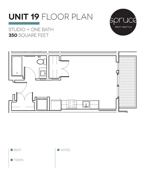 Floor plan for studio, 1 bath, 350 sqft